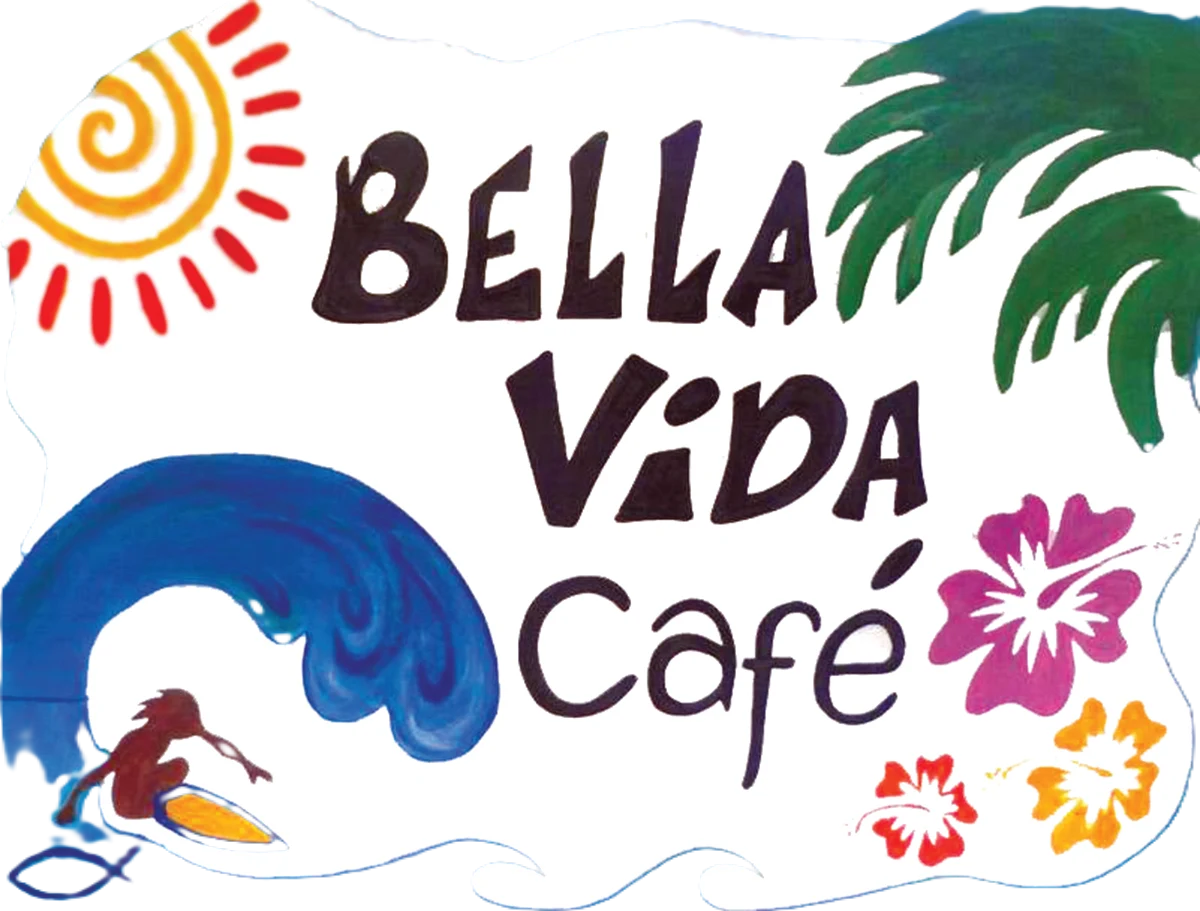 Colorful Bella Vida Café logo with tropical elements.