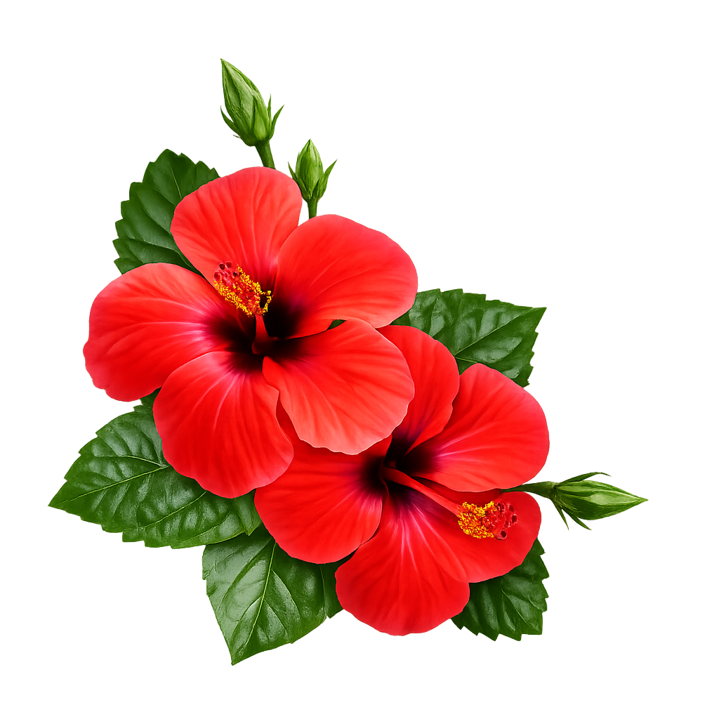 Bright red hibiscus flowers with green leaves.