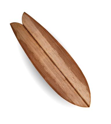 A wooden surfboard with a natural finish.