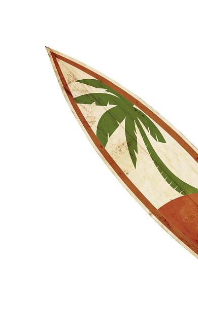 A surfboard with a green leaf design and a brown tip.