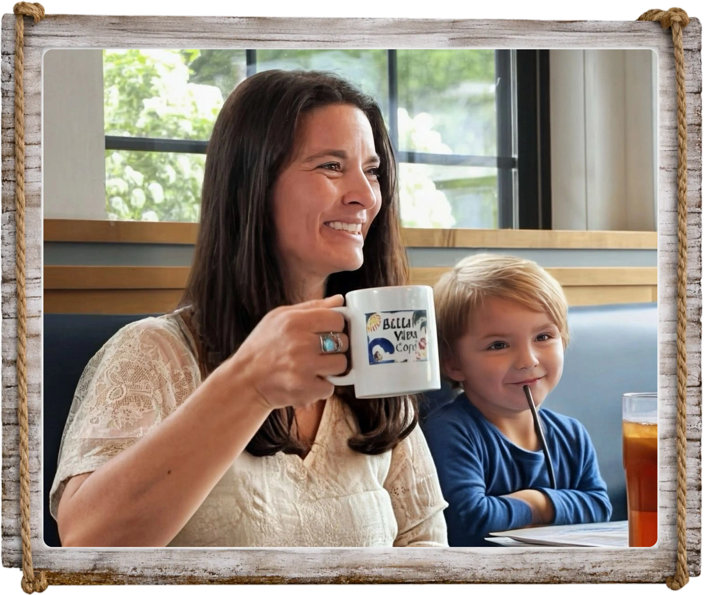 Woman and child enjoying coffee and juice at a cozy kitchen table.
