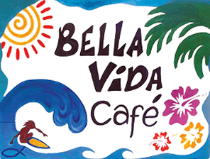 Colorful Bella Vida Café logo with tropical elements.